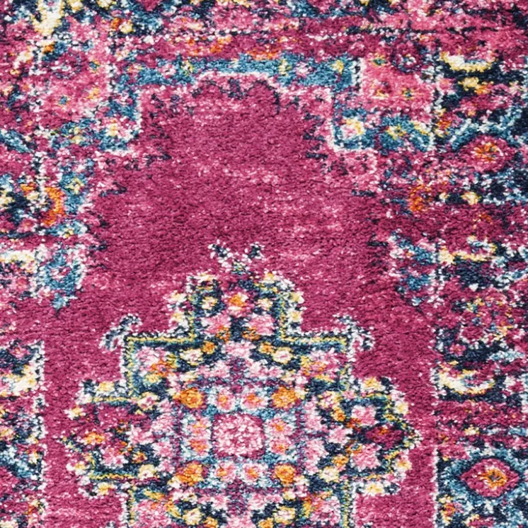 6' Fuchsia And Blue Oriental Distressed Runner Rug