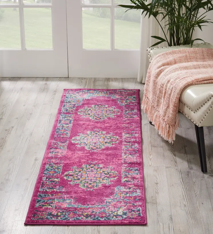6' Fuchsia And Blue Oriental Distressed Runner Rug