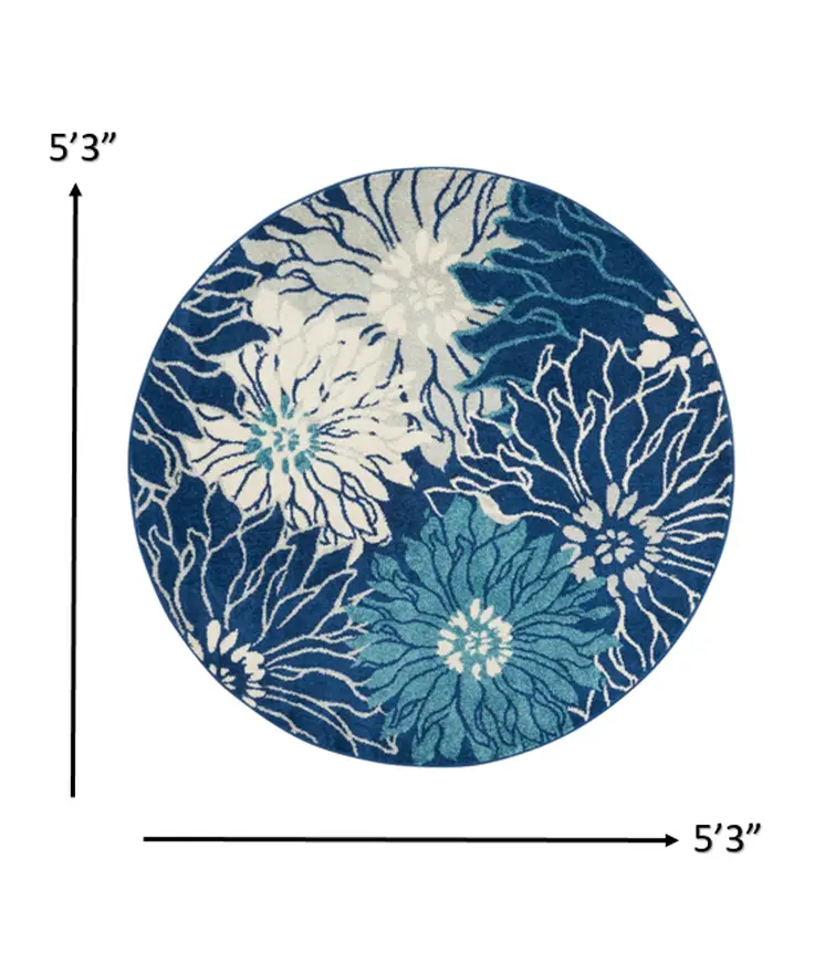 5' Blue And Ivory Floral Round Rug