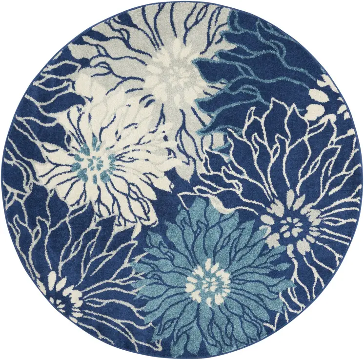 5' Blue And Ivory Floral Round Rug