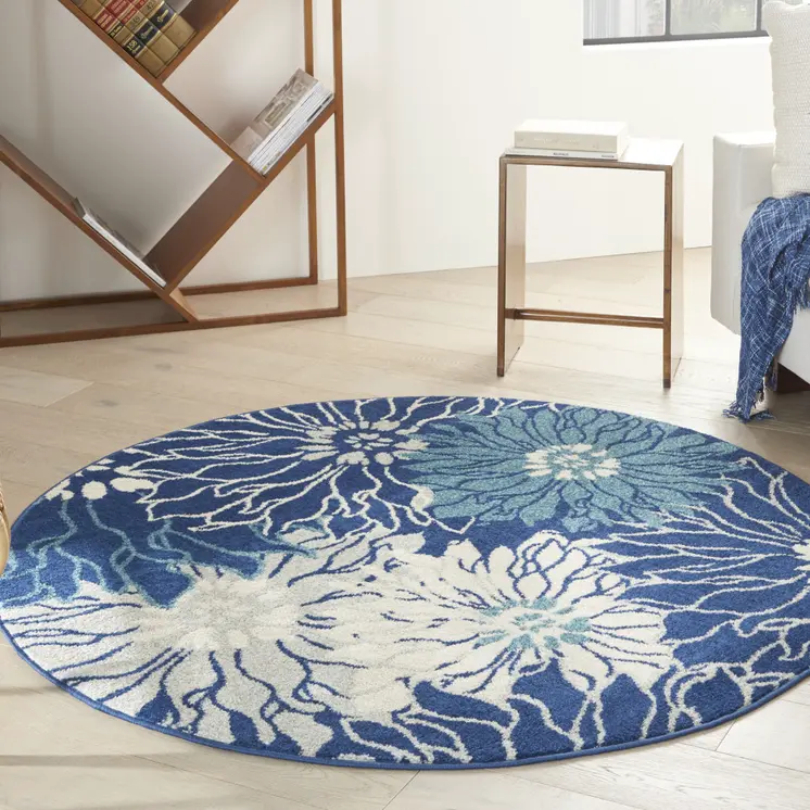 5' Blue And Ivory Floral Round Rug