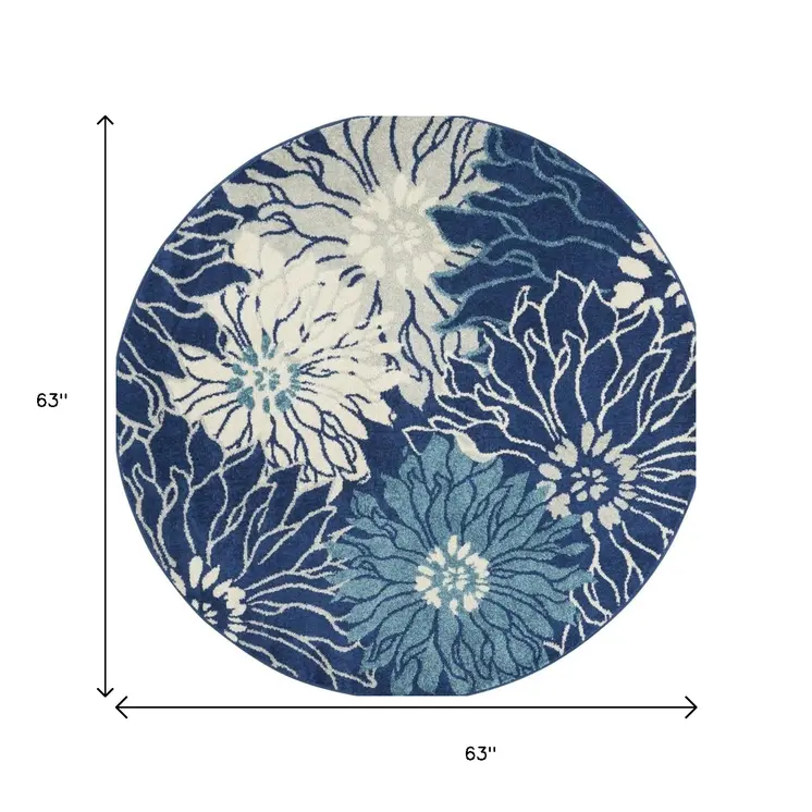 5' Blue And Ivory Floral Round Rug
