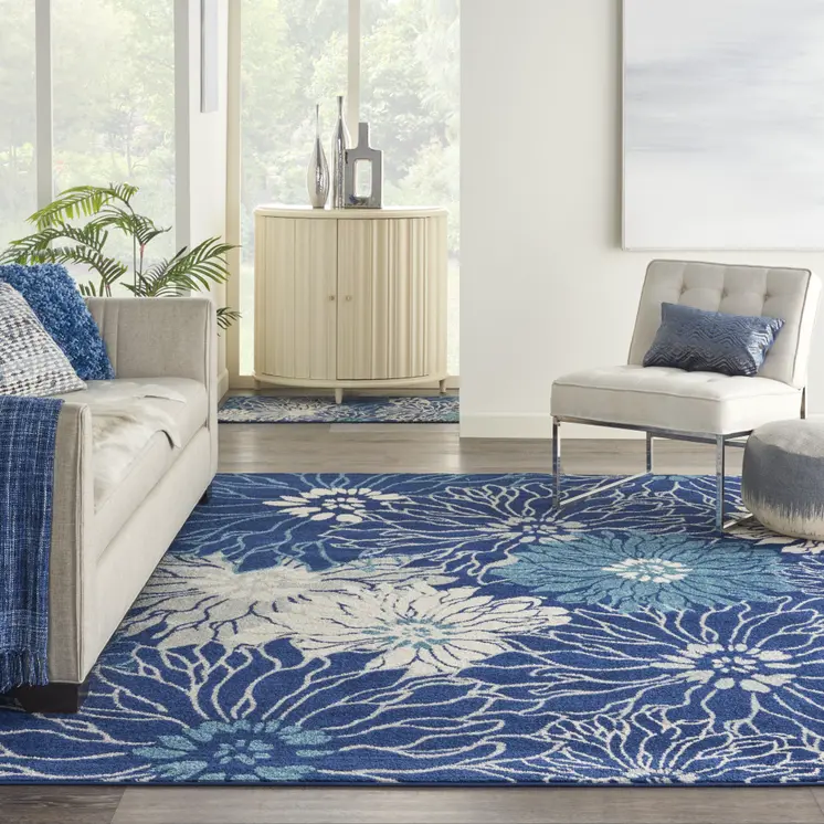 8' X 10' Blue And Ivory Floral Area Rug