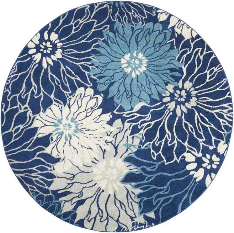 8' Blue And Ivory Floral Round Rug