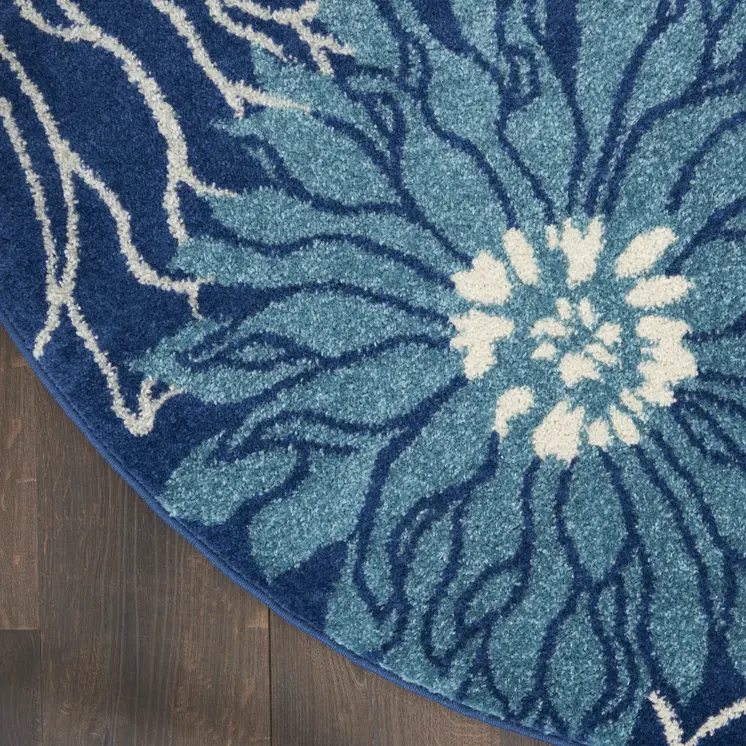 8' Blue And Ivory Floral Round Rug