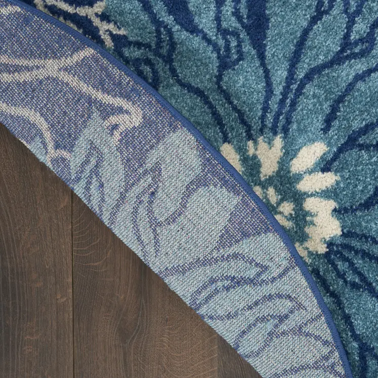 8' Blue And Ivory Floral Round Rug