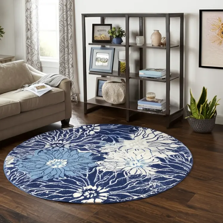8' Blue And Ivory Floral Round Rug