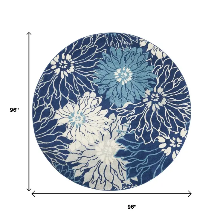 8' Blue And Ivory Floral Round Rug
