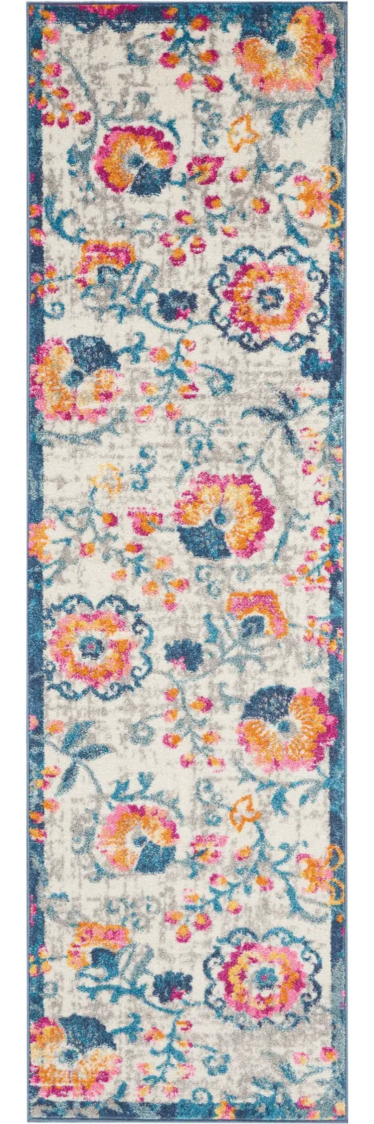 8' Ivory And Blue Floral Runner Rug