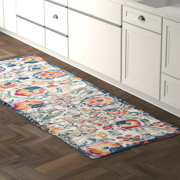 8' Ivory And Blue Floral Runner Rug