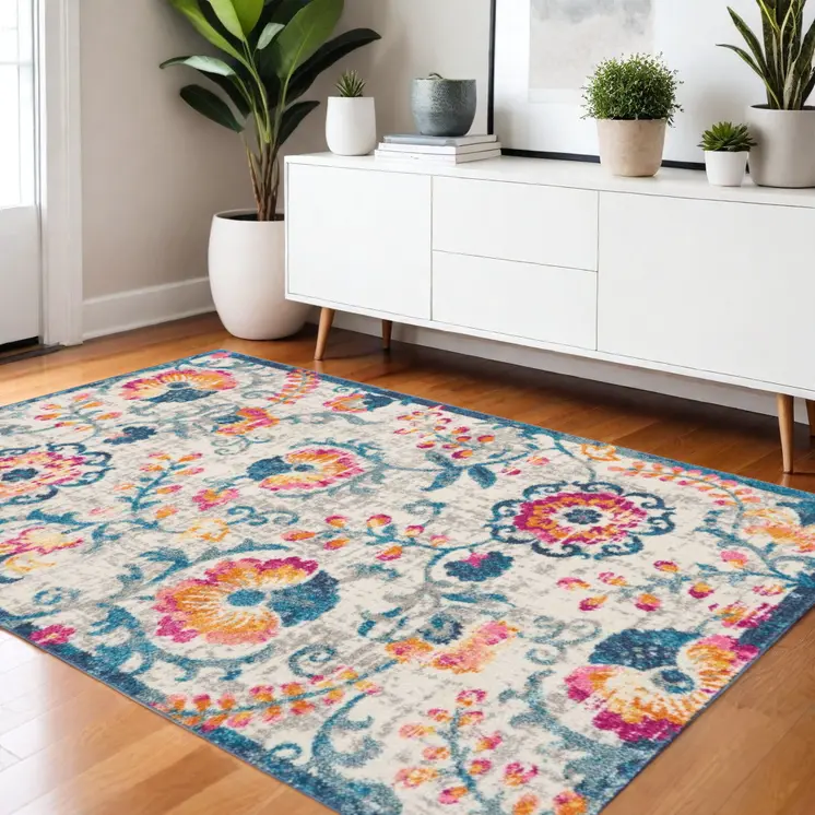 4' X 6' Ivory And Blue Floral Area Rug