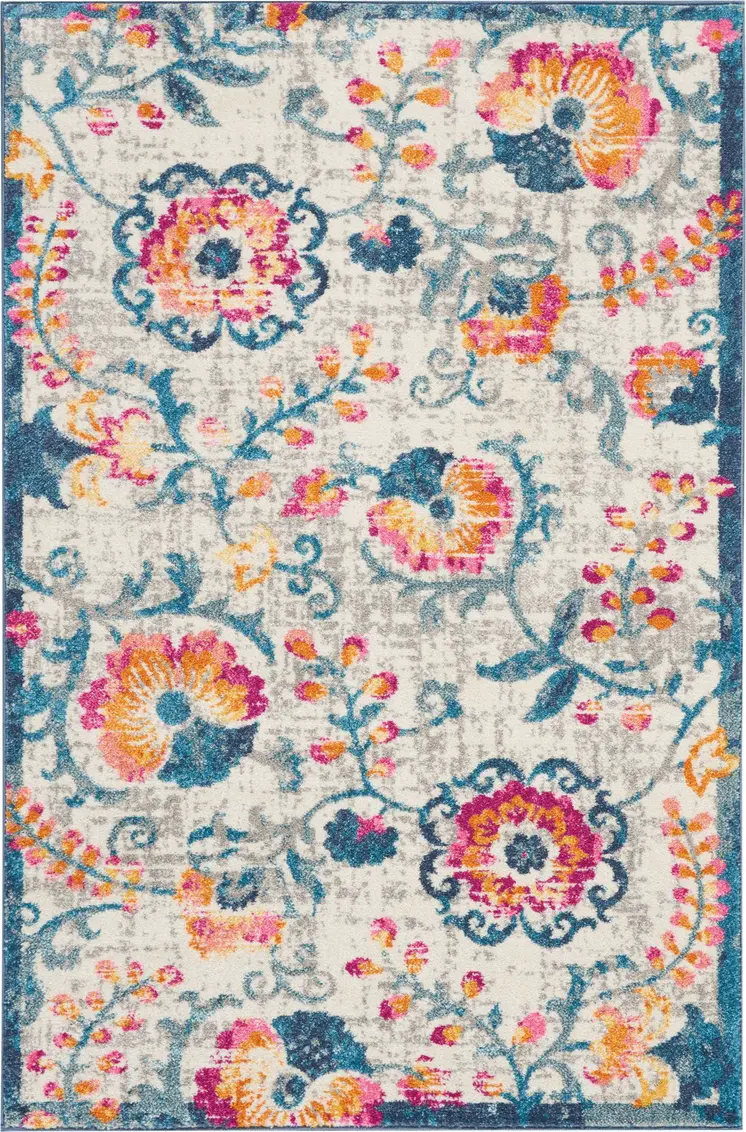 4' X 6' Ivory And Blue Floral Area Rug