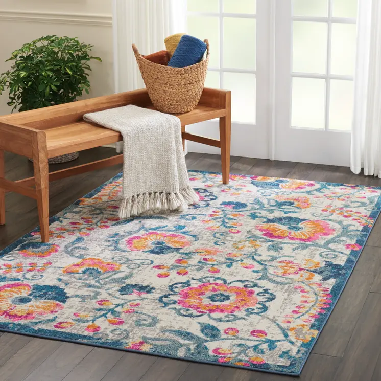 5' X 7' Ivory And Blue Floral Area Rug