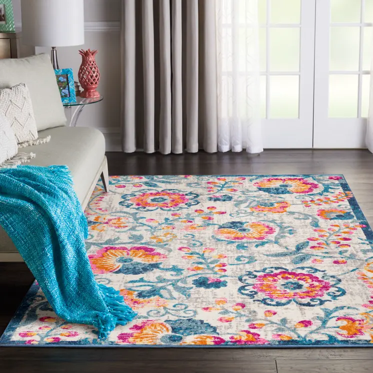 5' X 7' Ivory And Blue Floral Area Rug
