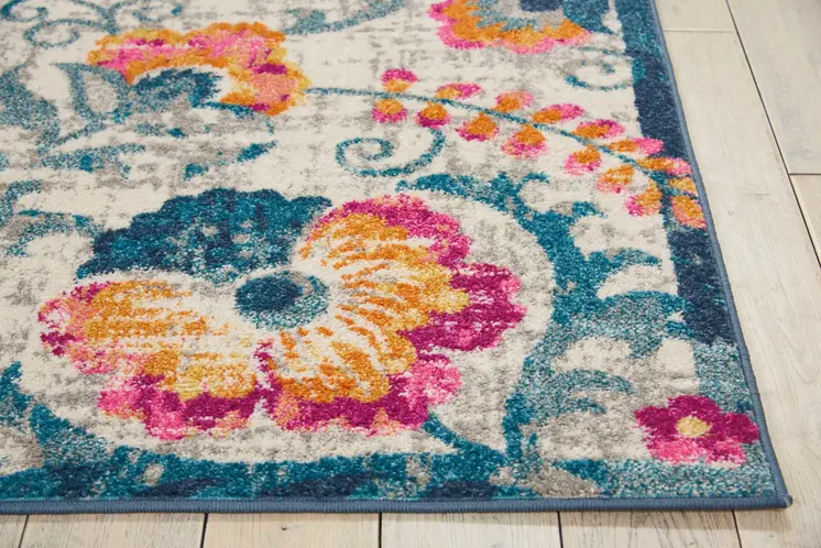 5' X 7' Ivory And Blue Floral Area Rug