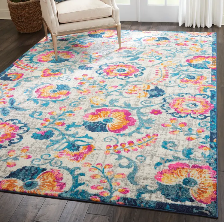 7' X 10' Ivory And Blue Floral Area Rug