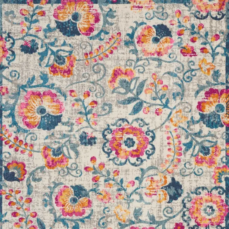 7' X 10' Ivory And Blue Floral Area Rug