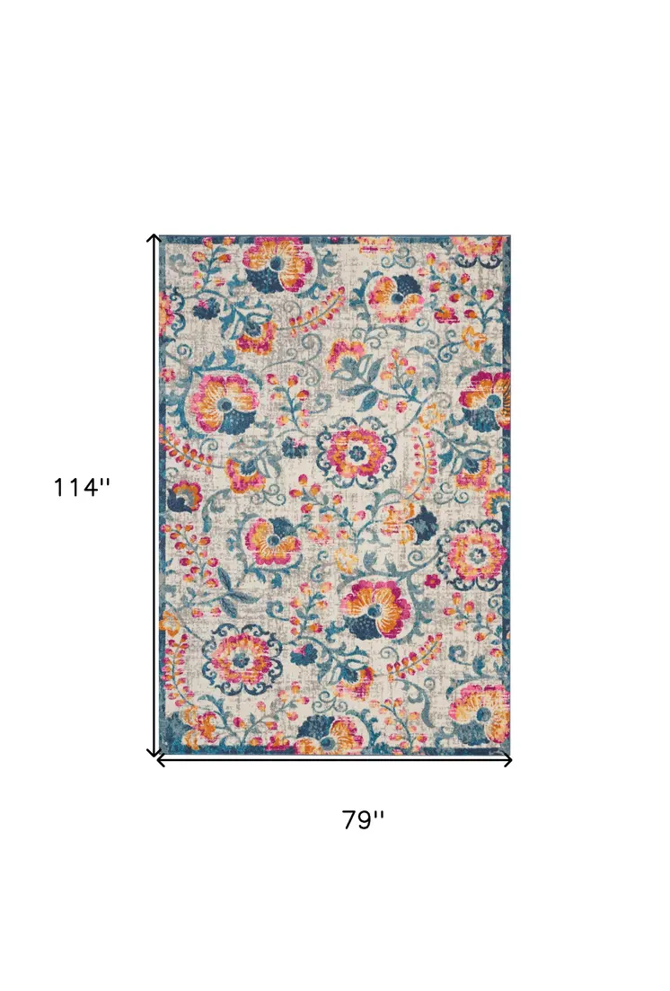 7' X 10' Ivory And Blue Floral Area Rug