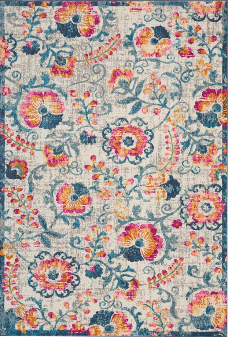 7' X 10' Ivory And Blue Floral Area Rug