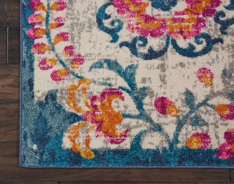 7' X 10' Ivory And Blue Floral Area Rug