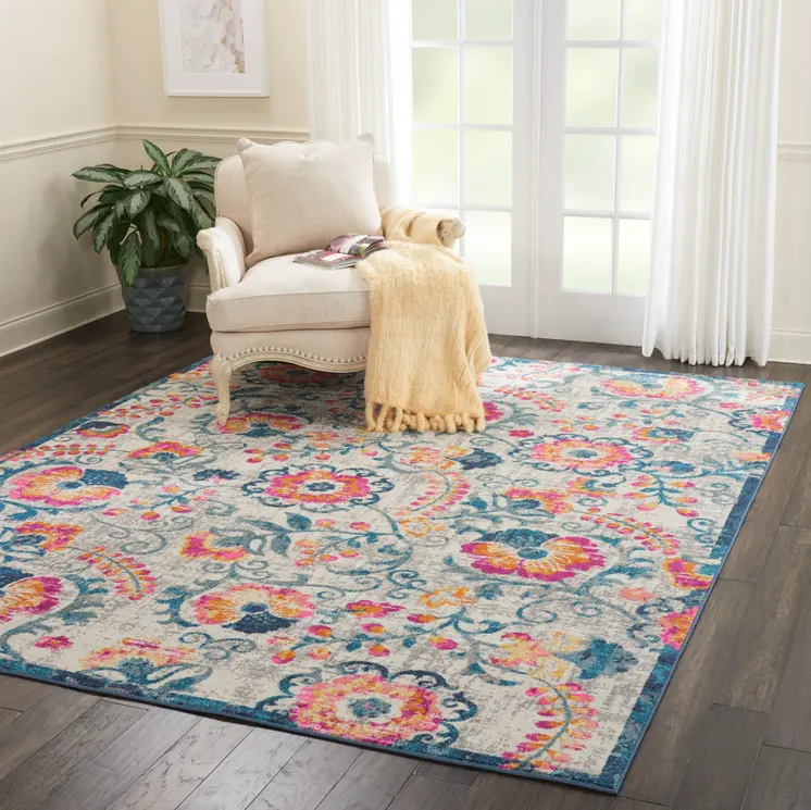8' X 10' Ivory And Blue Floral Area Rug