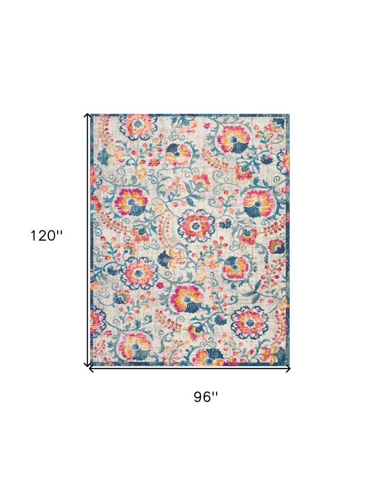 8' X 10' Ivory And Blue Floral Area Rug