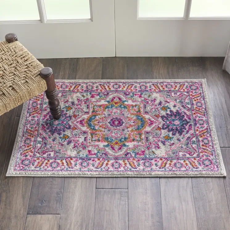 2' X 3' Light Gray And Pink Medallion Area Rug