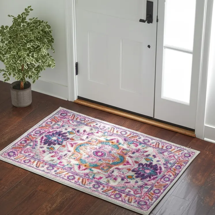 2' X 3' Light Gray And Pink Medallion Area Rug