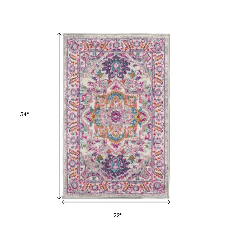2' X 3' Light Gray And Pink Medallion Area Rug