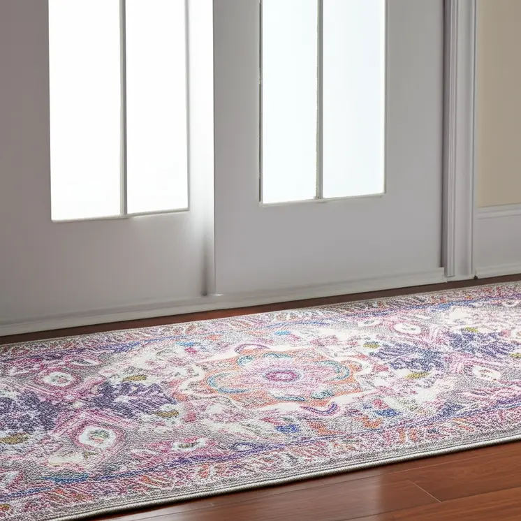 6' Light Gray And Pink Medallion Runner Rug