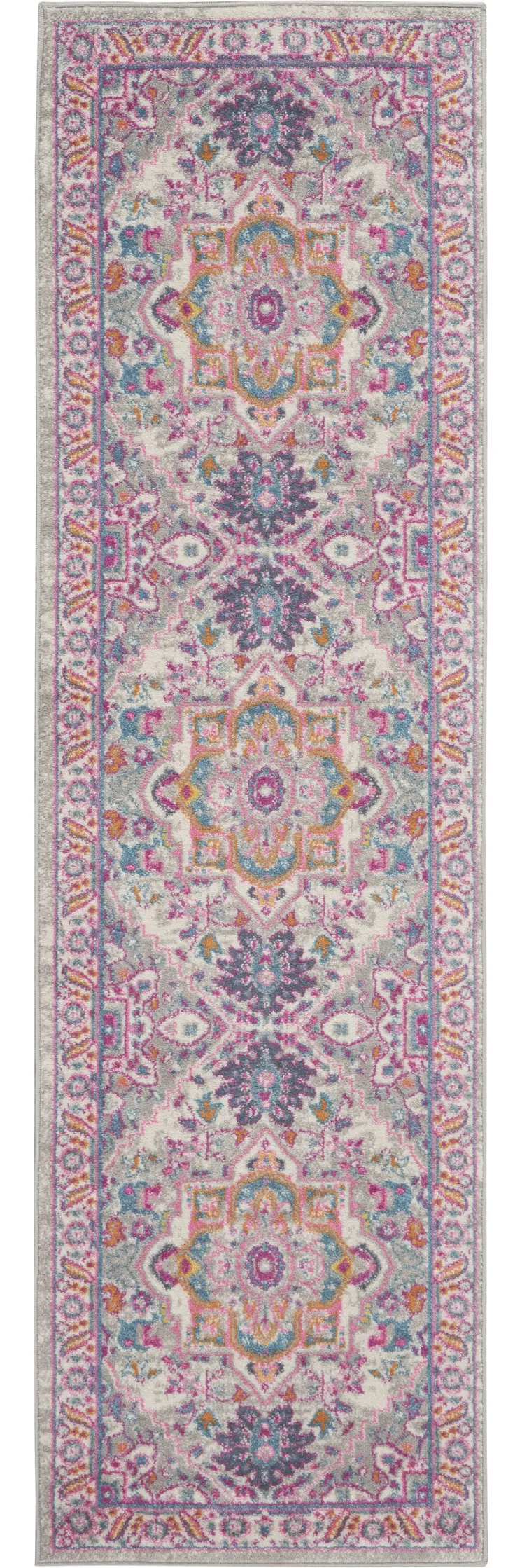 8' Light Gray And Pink Medallion Runner Rug
