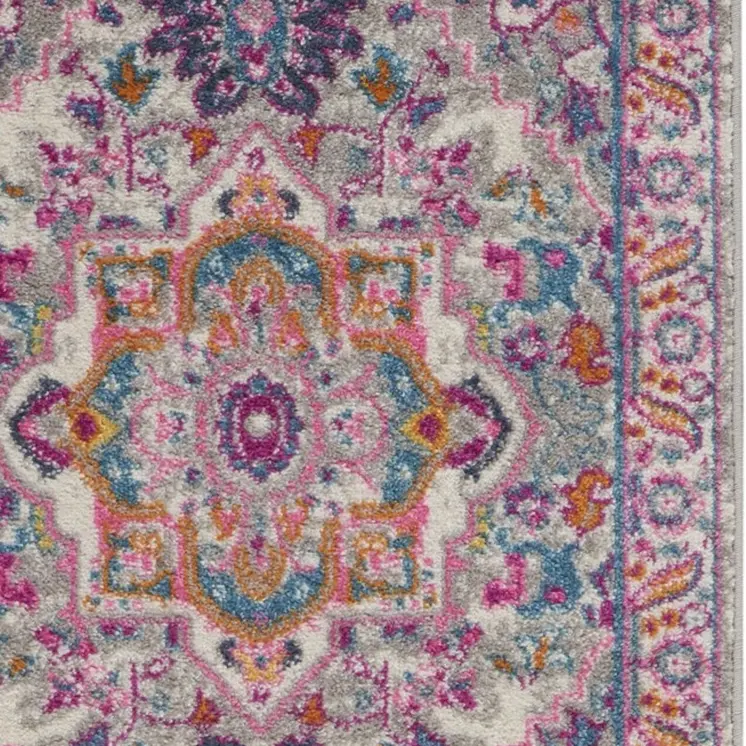 8' Light Gray And Pink Medallion Runner Rug