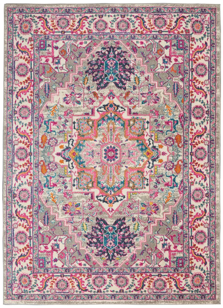 4' X 6' Light Gray And Pink Medallion Area Rug