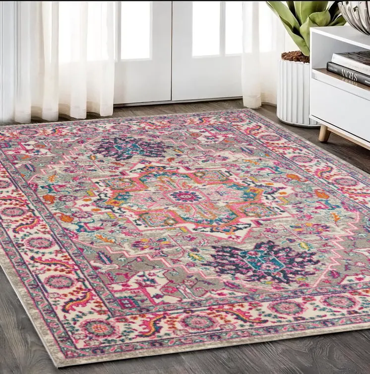 5' X 7' Light Gray And Pink Medallion Area Rug