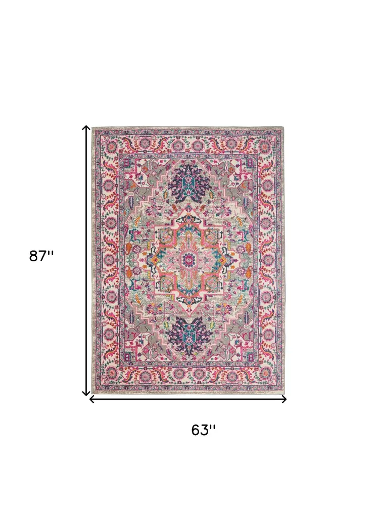 5' X 7' Light Gray And Pink Medallion Area Rug