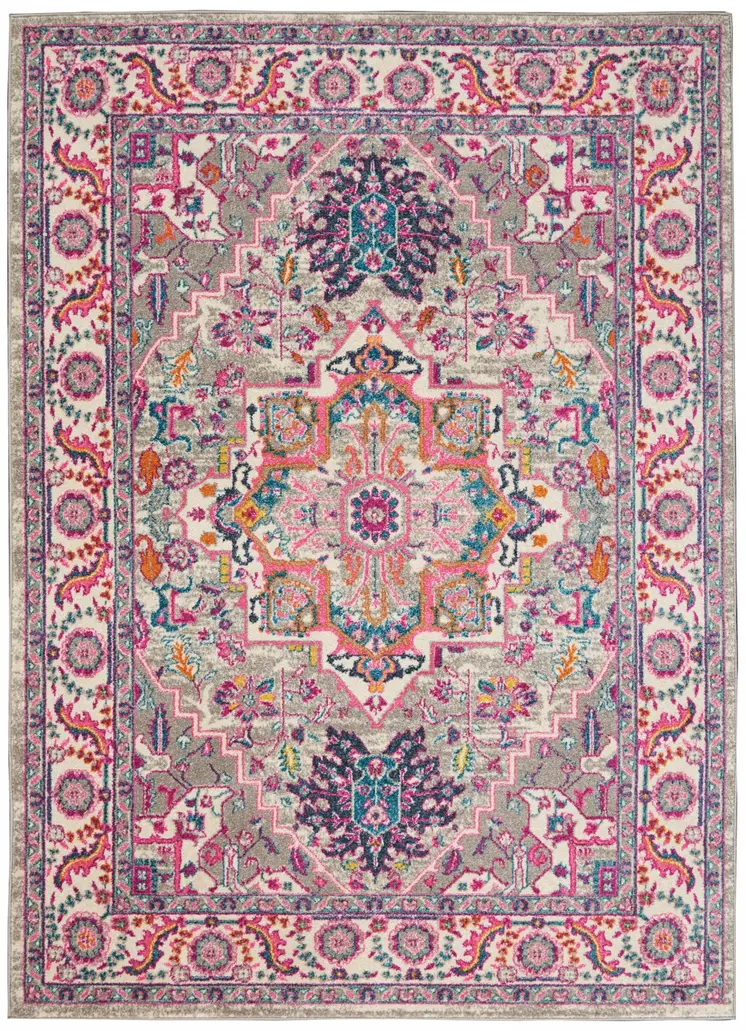 5' X 7' Light Gray And Pink Medallion Area Rug