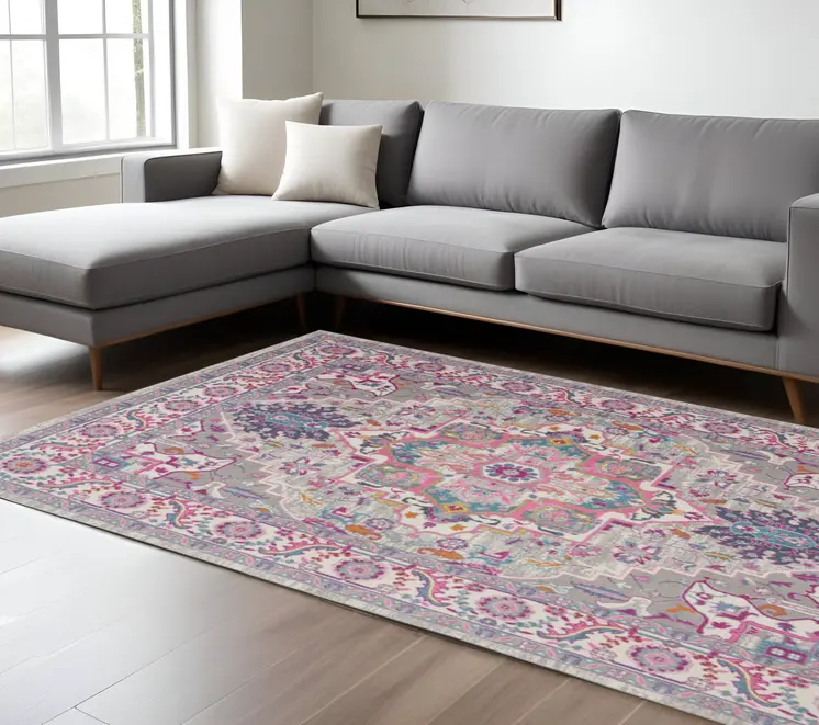 8' X 10' Light Gray And Pink Medallion Area Rug