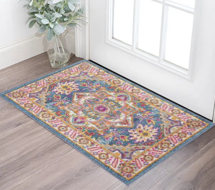 2' X 3' Teal And Ivory Medallion Distressed Area Rug