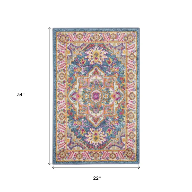 2' X 3' Teal And Ivory Medallion Distressed Area Rug