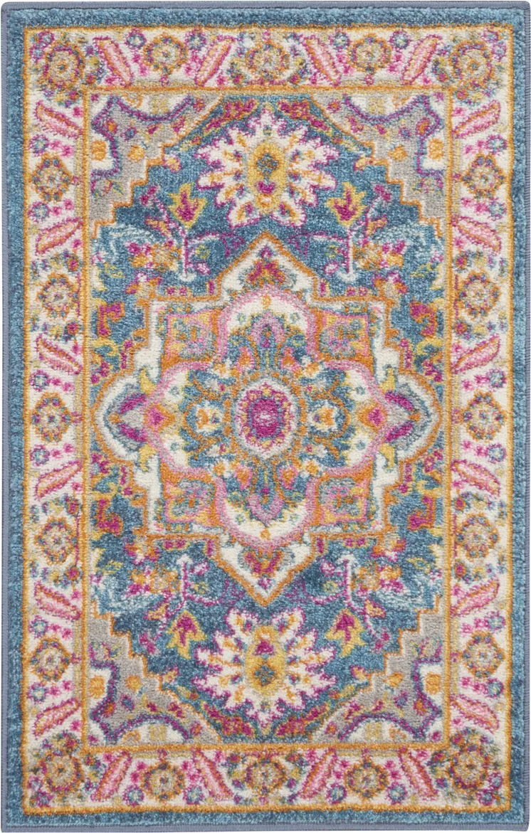2' X 3' Teal And Ivory Medallion Distressed Area Rug
