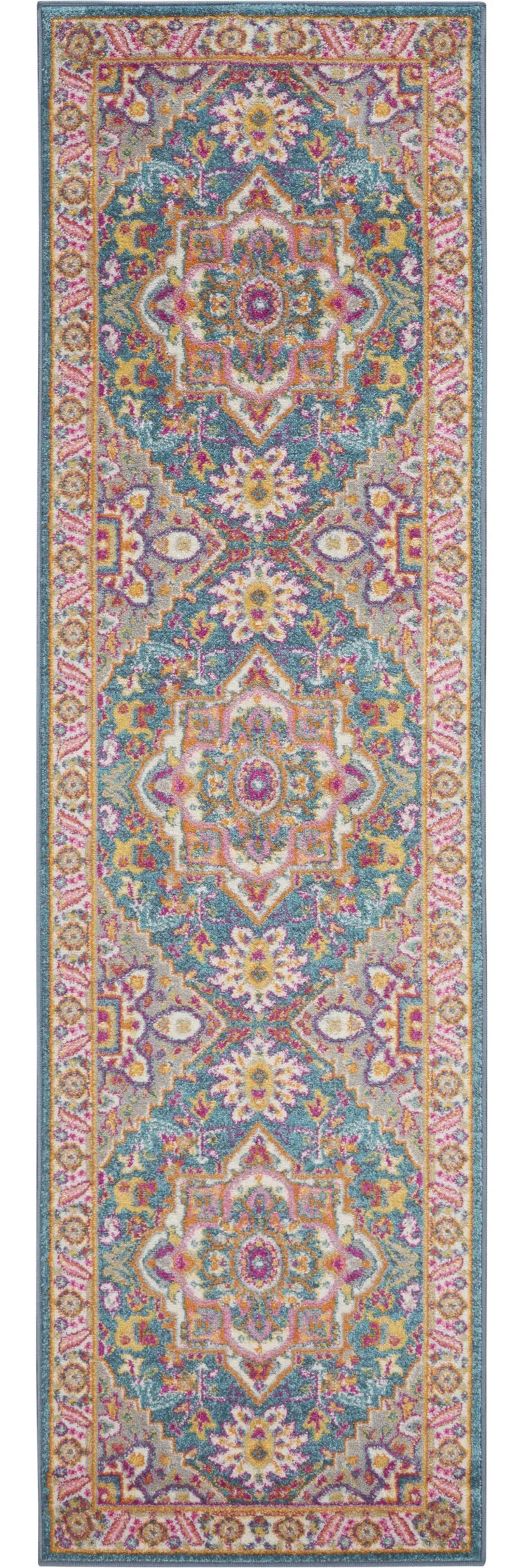 6' Teal And Ivory Medallion Distressed Runner Rug