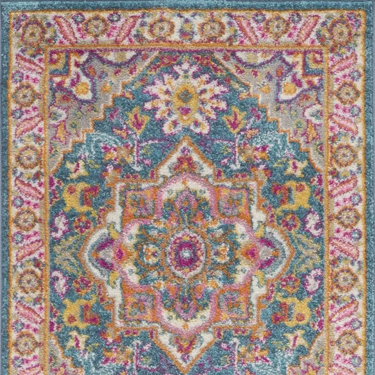 6' Teal And Ivory Medallion Distressed Runner Rug