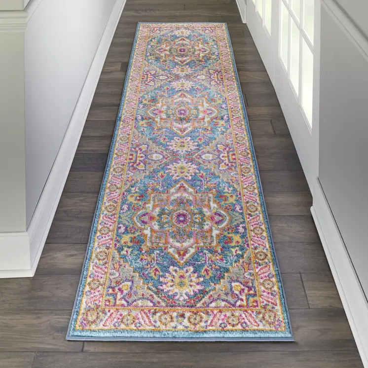 8' Teal And Ivory Medallion Distressed Runner Rug