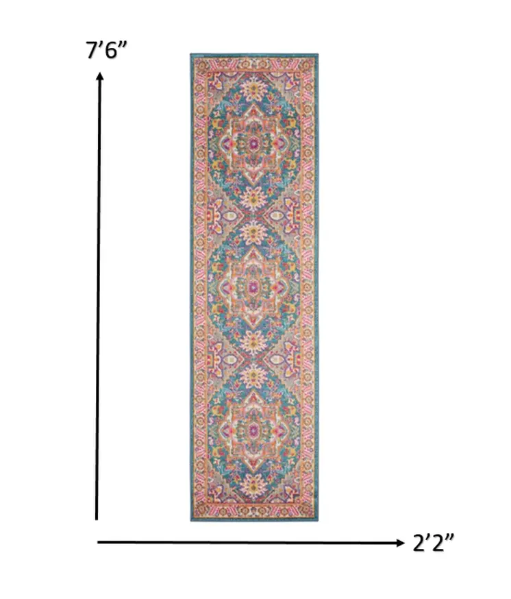 8' Teal And Ivory Medallion Distressed Runner Rug