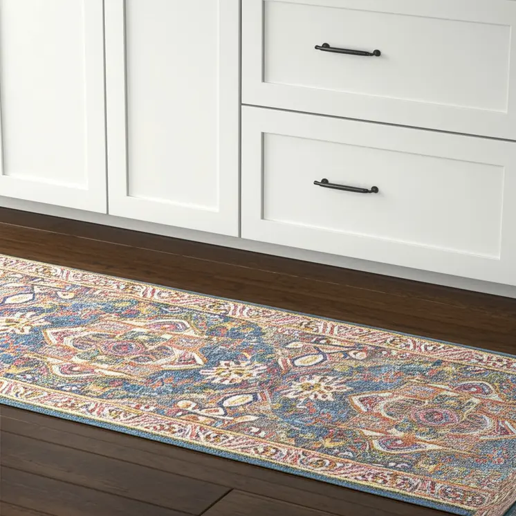 8' Teal And Ivory Medallion Distressed Runner Rug