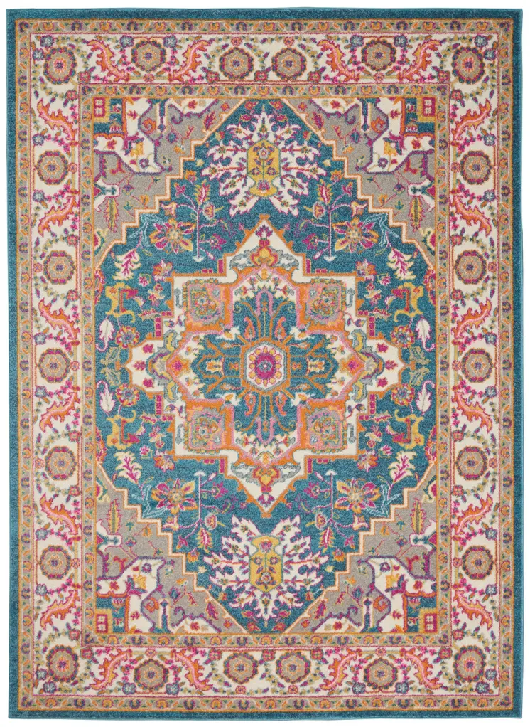 4' X 6' Teal And Ivory Medallion Distressed Area Rug