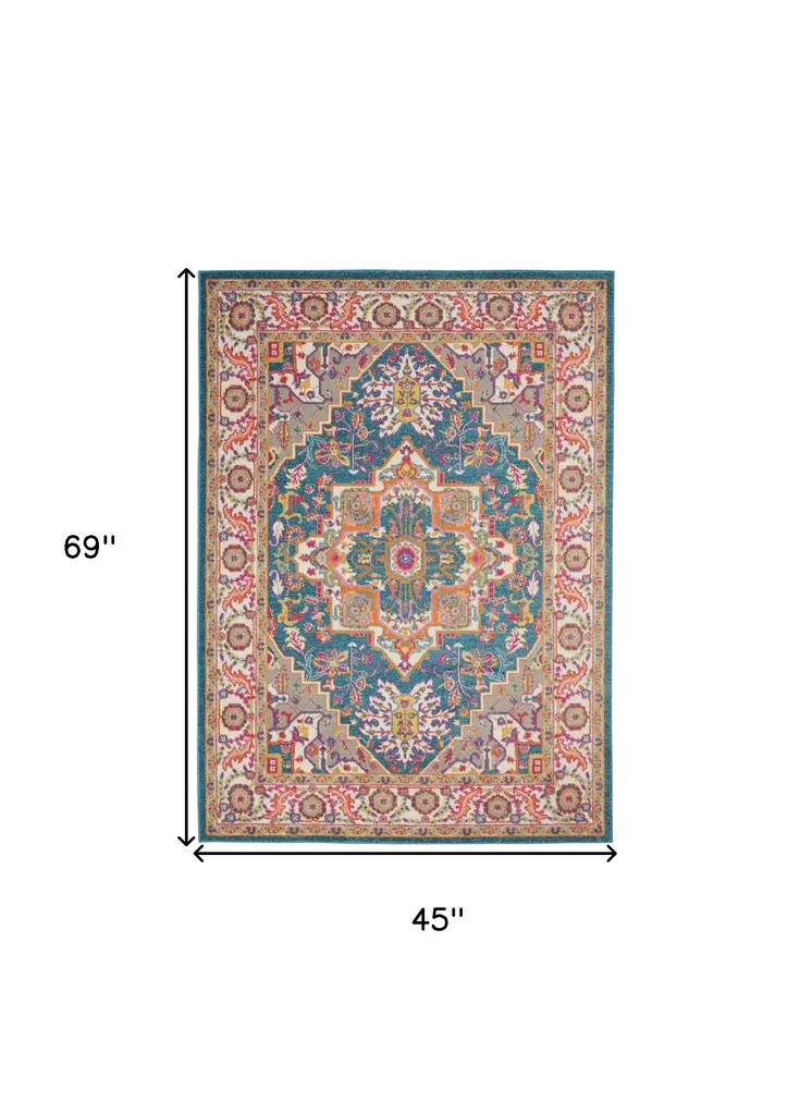 4' X 6' Teal And Ivory Medallion Distressed Area Rug