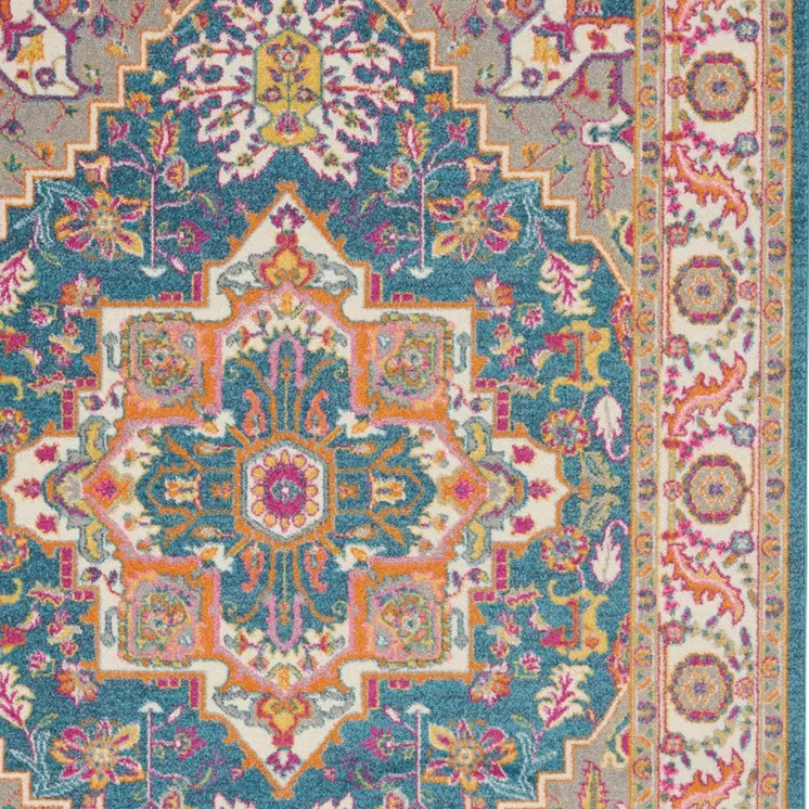 5' X 7' Teal And Ivory Medallion Distressed Area Rug