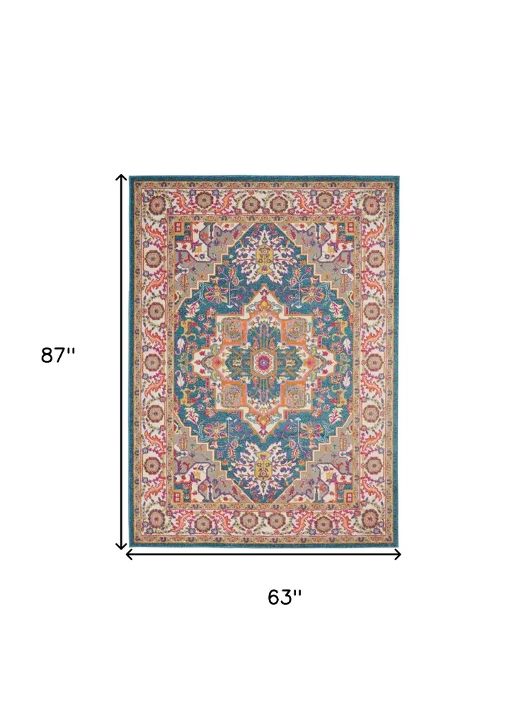 5' X 7' Teal And Ivory Medallion Distressed Area Rug