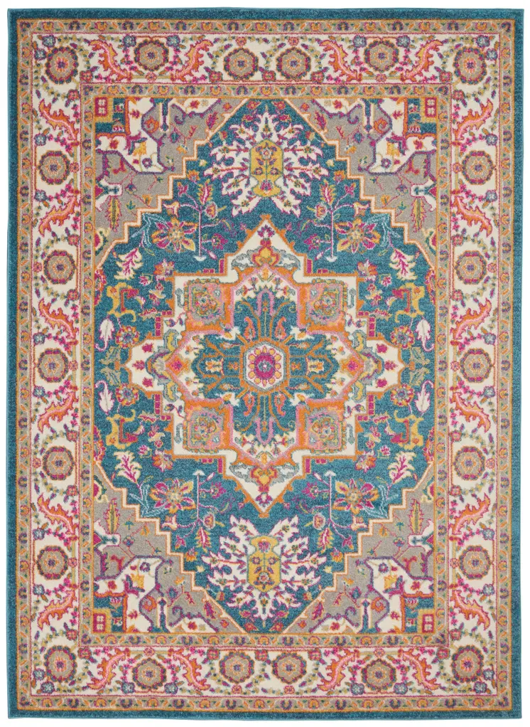 5' X 7' Teal And Ivory Medallion Distressed Area Rug